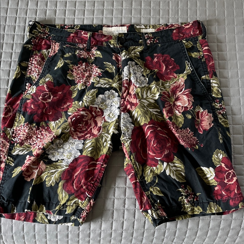 Denim & Supply Ralph Lauren Black Floral Cotton Shorts with Red Rose Print